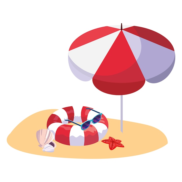 Sommersandstrand mit Sonnenschirm und Schwimmer