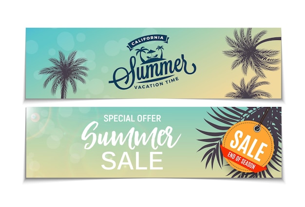 Sommerschlussverkauf-Banner-Vektorillustration. Flache Illustration des Sommerstrandes mit Palmen