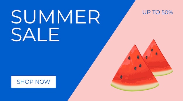 Vektor sommerschlussverkauf horizontale banner-vorlage für anzeigen vektor sommerschlussverkauf-banner in modernem design mit wassermelonenscheiben banner mit schaltfläche jetzt einkaufen