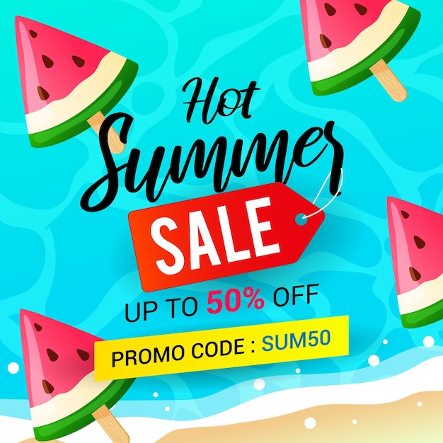 Sommerschlussverkauf mit wassermelonen-eis knallt hintergrund-promo-code-vektordesign