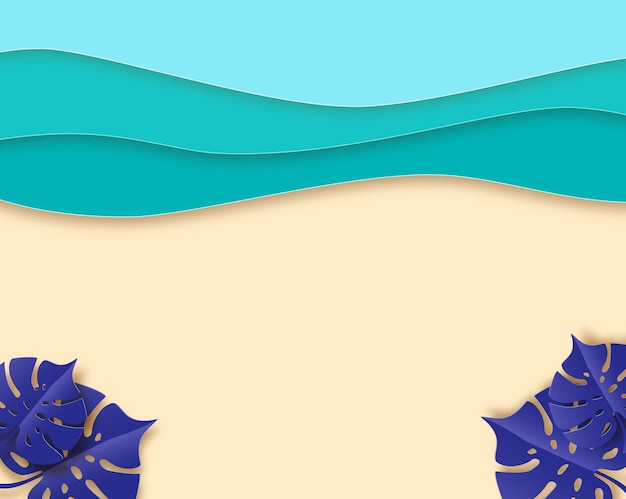 Sommerstrandfahne, blaues meer und strandsommerhintergrund mit kurvenpapierwellen und meeresküste. konzept für banner, flyer, poster oder website-design. ansicht von oben, scherenschnitt-stil, vektor-illustration.