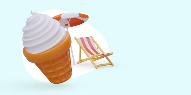 Sommerurlaub mit Süßigkeiten Cremiges Eis im Waffelkegel-Sonnenschirm-Klappstuhl aus Holz