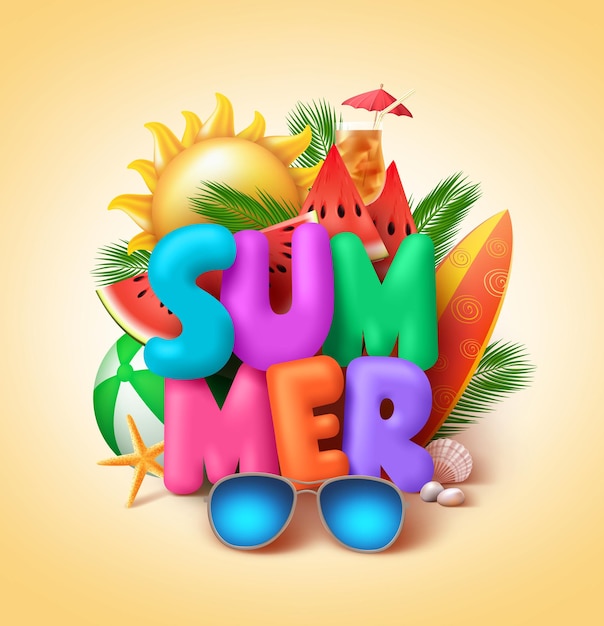Sommervektorfahnendesign mit buntem Sommertext 3d und Strandelementen