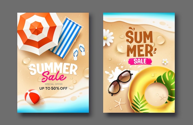 Sommerverkauf auf Sandstrand Poster Flyer zwei Ferien Design-Kollektionen Hintergrund