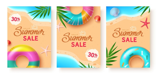 Sommerverkauf auf Sandstrand-Poster Sommerverkauf-Text mit farbenfrohen Schwimmern Meeresmuscheln, Seestern und p