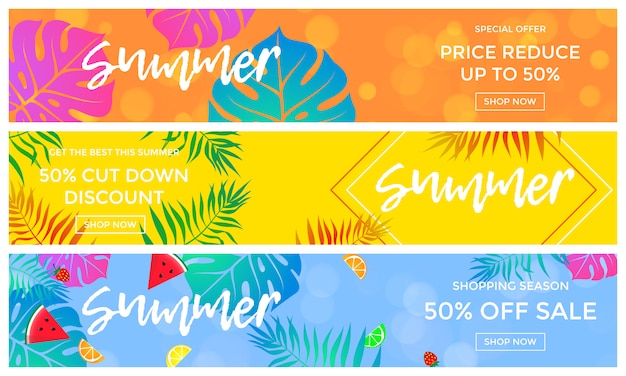 Sommerverkauf banner von früchten und palmblatt vektor online-shopping-flyer