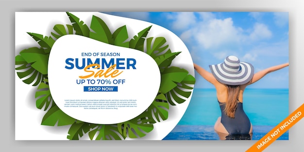 Sommerverkaufsangebot-banner mit grüner tropischer blätterdekorationsschablone