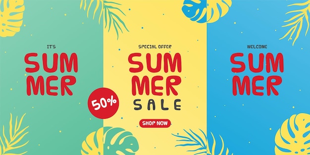 Sommerverkaufsbanner mit tropischen Blättern und Rabattangebotsvorlage