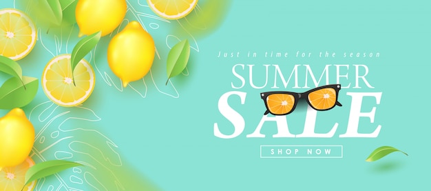 Sommerverkaufsdesign mit tropischen abstrakten Hintergrundlayoutfahnen der Zitrone. Illustrationsvorlage.
