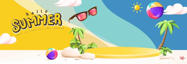 Vektor sommerverkaufsplakat mit gelbem produktbildschirm podium sommer tropische strandszene design zurück