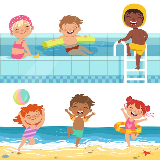 Sommerwasserspiele im aquapark, lustige Kinder der Karikatur