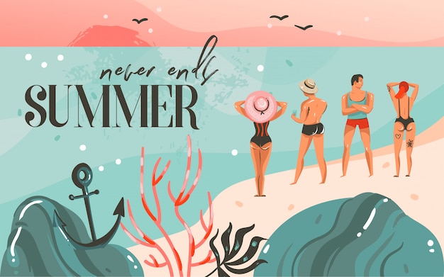 Sommerzeit Illustration, Ozean Strand Landschaft, rosa Sonnenuntergang, Jungen und Mädchen auf Strandszene und Sommer endet nie Typografie
