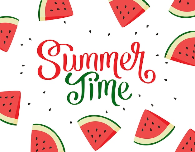 Sommerzeit-vektor-hintergrunddesign es ist sommerzeit-typografie-text im wassermelonenmuster-design