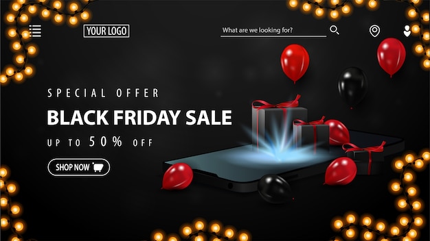 Sonderangebot, black friday sale, bis zu 50% rabatt, schwarzes rabattbanner für website mit smartphone, roten und schwarzen luftballons und geschenkboxen