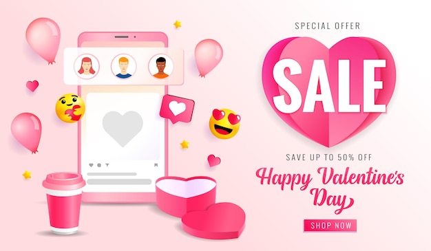 Sonderangebot zum valentinstag 50 rabatt, webbanner. fröhliche online-aktion zum valentinstag