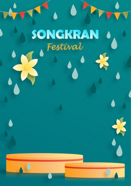 Songkran Festival in Thailand, das Wasserfest des thailändischen Neujahrs im Papierschnitt-Kunst- und Handwerksstil mit farbigem Hintergrund für Grußkarten, Flyer, Poster