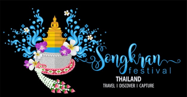 Songkran festival, thailand reisekonzept - die schönsten orte in thailand im flachen stil zu besuchen. (übersetzung thailändisch: songkran)