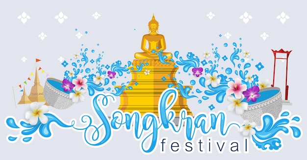 Songkran festival, thailand reisekonzept - die schönsten orte in thailand im flachen stil zu besuchen. (übersetzung thailändisch: songkran)