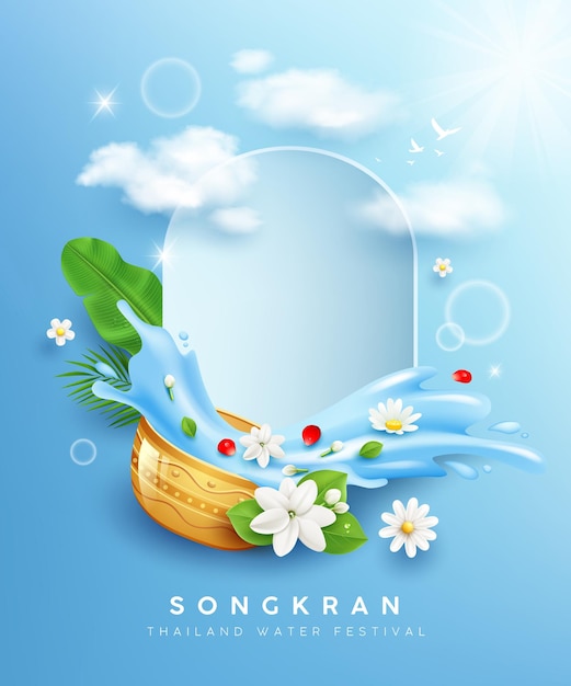 Songkran thailand festival blumen in einer wasserschüssel wasser spritzt auf wolke und sonne poster