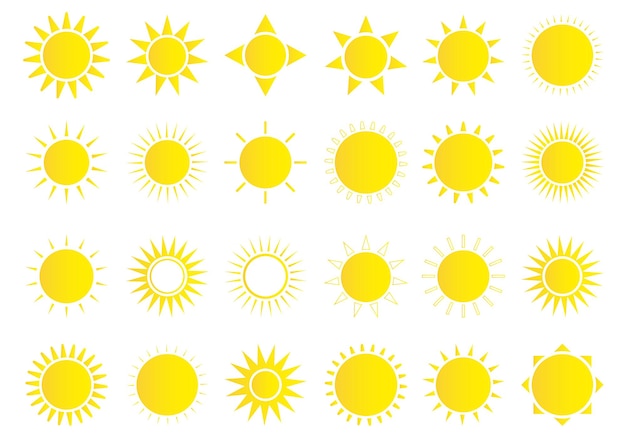 Sonne-icon-set wetter-sonne-symbol gelber sonnenstern sommerelemente für design vektor-illustration