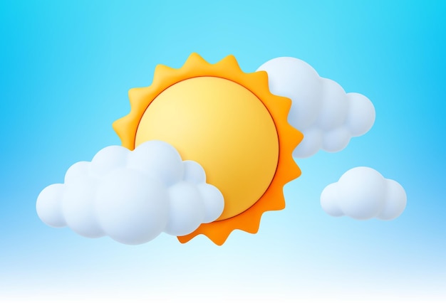 Sonne in Wolken 3D sonnige Wetterelemente Weiße Blasenwolke am Himmel Sommer Frühling heiß saisonaler Vektor realistisches Design