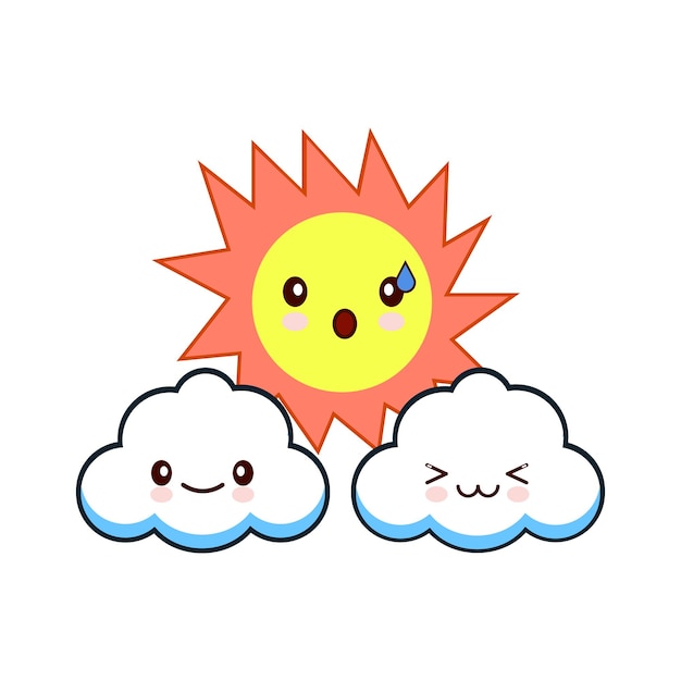 Sonne mit gesicht und wolken, die vektorillustration gravieren flache vektorillustration