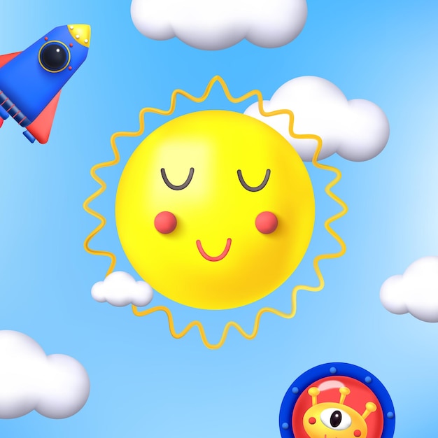 Vektor sonne mit wolken rakete und aliens solarsystem volumetrisches cartoon-bild