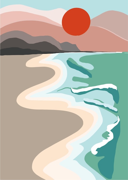 Vektor sonne, strand, wellen, illustration