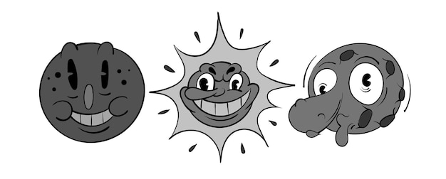 Sonne und Mond Vintage Toons lustige Charaktervektorillustration trendiger klassischer Retro-Cartoon-Stil der 30er und 30er Jahre