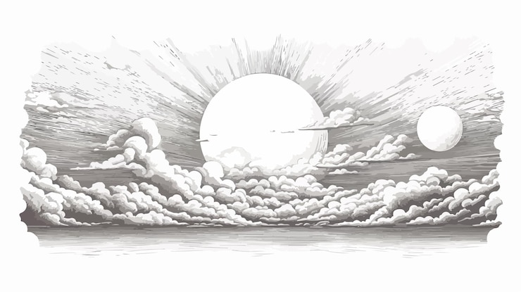Vektor sonne und wolken im himmel skizze gravur vektor-illustration