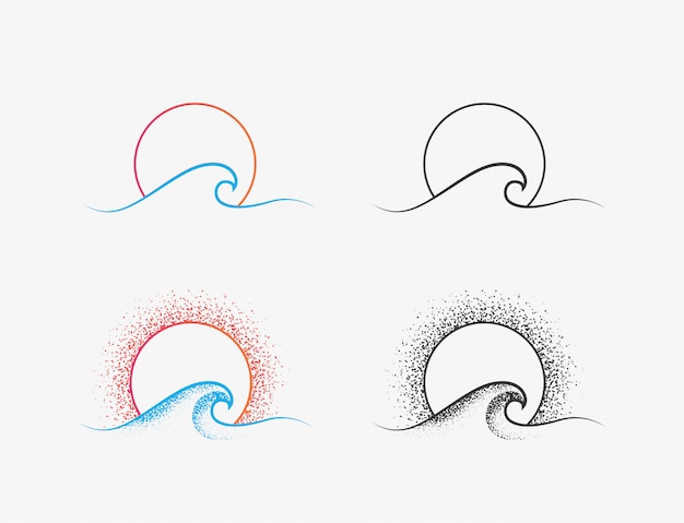 Sonnen- und ozeanwellenlogo oder -ikonentwurf in den farbigen und schwarzen versionen. sommerzeiturlaub oder surfen minimalistisches dünnes liniensymbol lokalisiert auf weißem hintergrund. illustration