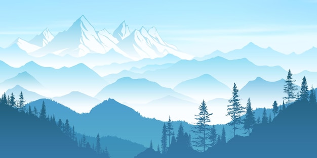 Sonnenaufgang in den Bergen neblige Silhouetten von Bergrücken Panoramablick Illustration