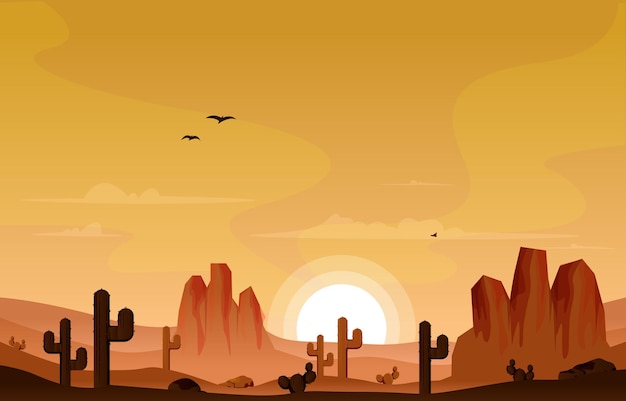 Sonnenaufgang-klippe wüsten-land-kaktus-reise-vektor-flaches design-illustration