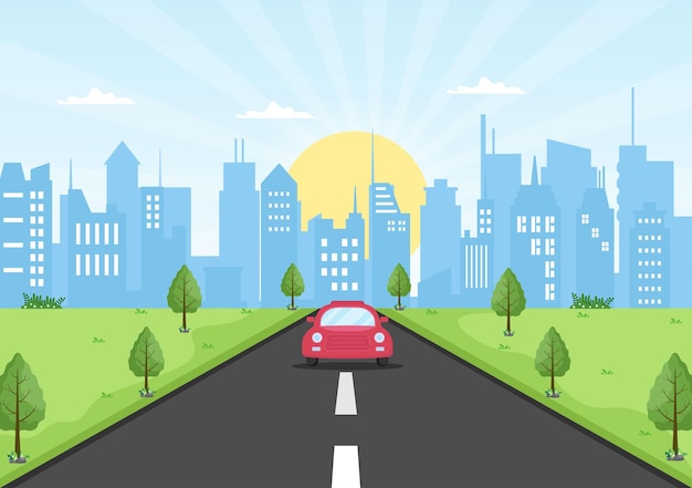 Sonnenaufgang moderne Stadt-Skyline-Landschaft mit Stadtgebäuden und Stadtbild-Himmel in flacher Illustration für Poster, Banner oder Hintergrund