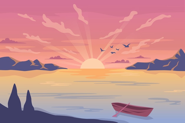 Sonnenaufgang oder Sonnenuntergang mit Felsen und Boot
