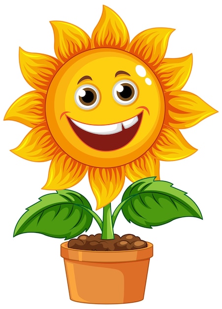 Sonnenblumen-cartoon im topf mit smiley-gesicht