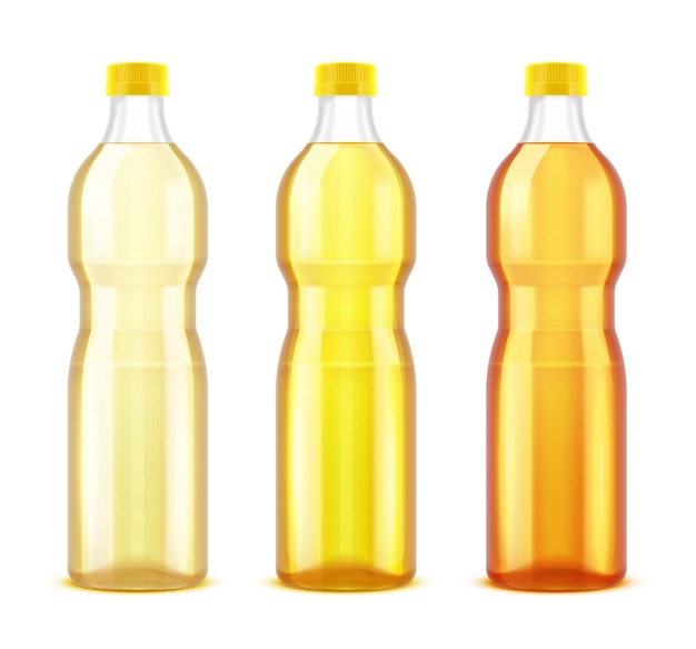 Sonnenblumenraffiniertes Öl realistischer Satz von drei Plastikflaschen mit verschiedenen Schattierungen von gelbem Produkt isolierte Vektorillustration