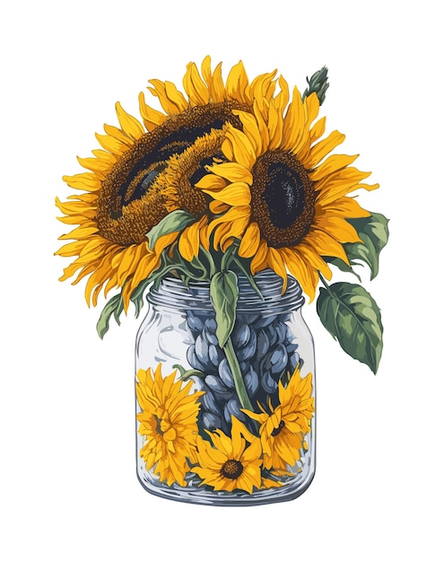 Sonnenblumenstrauß im glas. vektorillustration isoliert auf weißem hintergrund