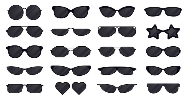 Sonnenbrillenbrillen. Brillensilhouette, elegante Sonnenbrille, schwarze Plastikbrille. Sonnenlinsenbrillen-Illustrationssymbole eingestellt. Artikelschutz vor Sonne, Brillensammlung