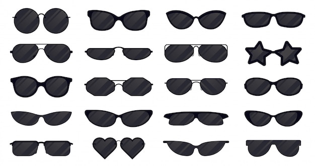 Sonnenbrillenbrillen. brillensilhouette, elegante sonnenbrille, schwarze plastikbrille. sonnenlinsenbrillen-illustrationssymbole eingestellt. artikelschutz vor sonne, brillensammlung