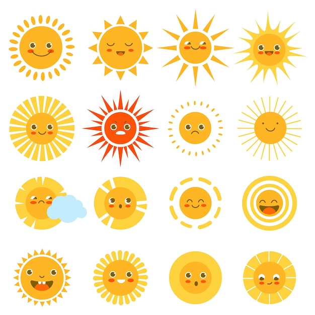 Sonnenfiguren niedliche fröhliche sommerwettersymbole kindisch sonnige emotionen lustiger strand lächelt sonnenschein baby emoji gelbe kreise mit verschiedenen strahlen und gesichtern druckdesign-vektor isolierter cartoon-satz