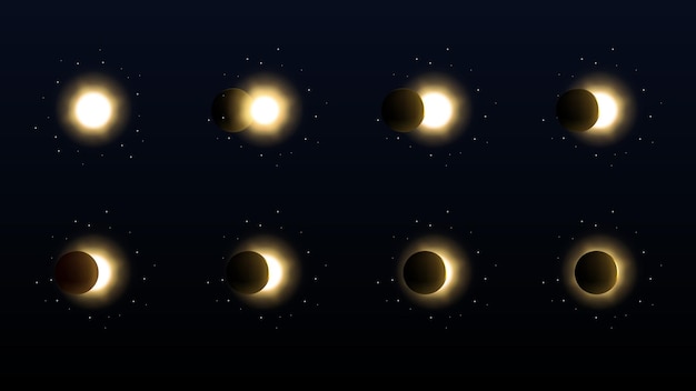 Sonnenfinsternis in verschiedenen phasen kosmos mit mond und sonne realistische sonnenfinsternis und sterne vektor