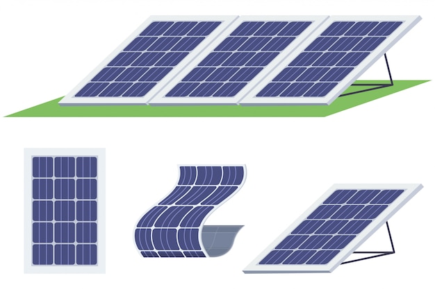 Sonnenkollektoren eingestellt. Sonnenenergiebatterie in verschiedenen Formen