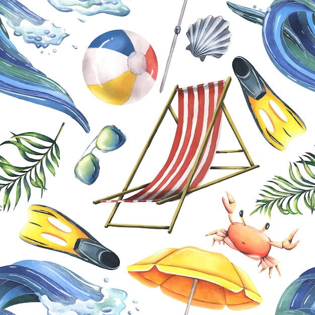 Vektor sonnenliegen, aufblasbares spielzeug, sonnenschirm, tropische palmenblätter, aquarell-illustration, handgezeichnet für karten, poster, strand und sommer, nahtloses muster auf weißem hintergrund