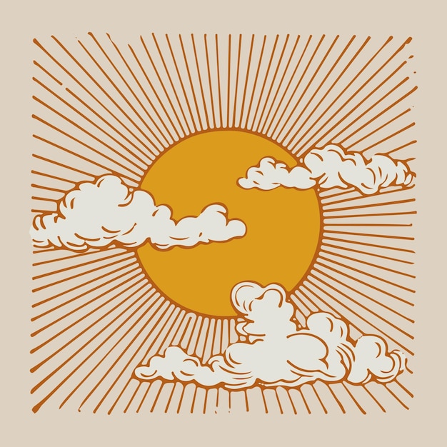 Vektor sonnenschein und wolken retro-logo alte vintage-illustration poster vorlage design vektor himmel