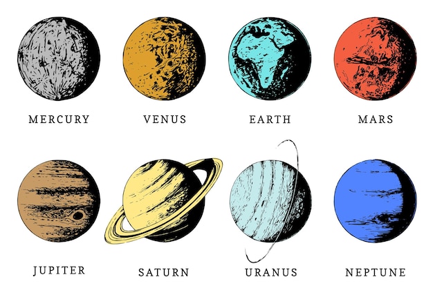 Vektor sonnensystem-infografiken im vektor handgezeichnete illustration von acht planeten