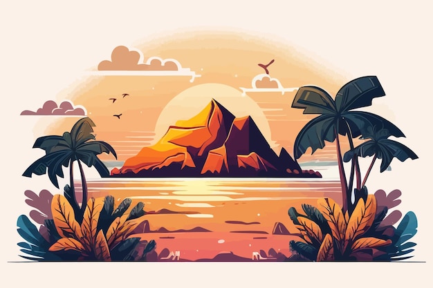 Sonnenuntergang am Meer Tropischer Sommerstrand mit Sonne und Bergen Vektorillustrationsdesign