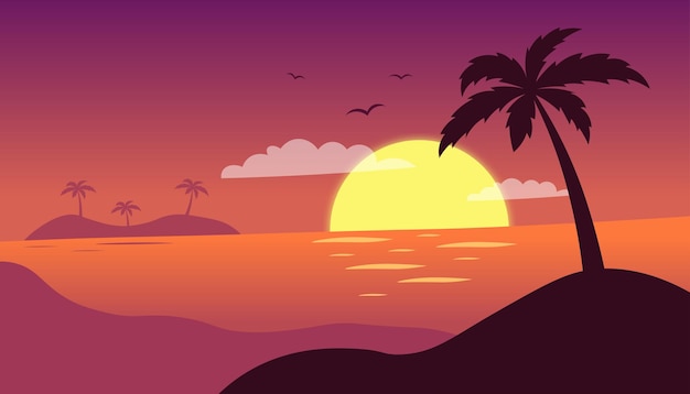 Vektor sonnenuntergang am sommerstrand hintergrundvektor-illustration