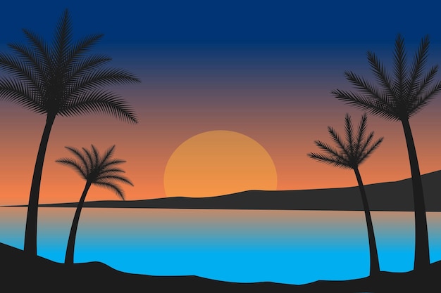 Sonnenuntergang am strand mit palmen und einem tropischen sommer-sonnenuntergang-szenenvektorhintergrund