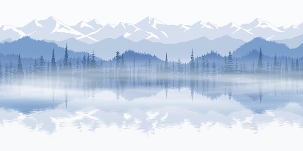 Vektor sonnenuntergang auf dem see malerische spiegelung berglandschaft panoramablick auf grate und wald im nebel